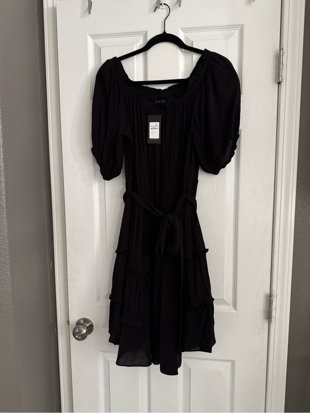 City Chic Fiesta Fringe Black Tiered Midi Dress with Puff Sleeves S